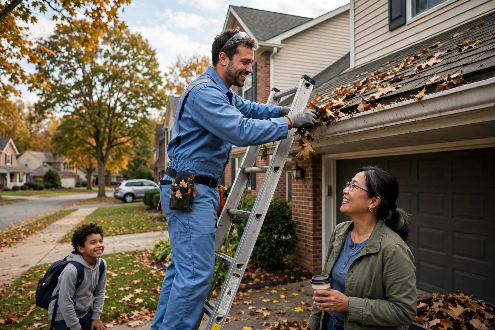Gutter cleaning technician clearing leaves from gutters in Waldorf MD