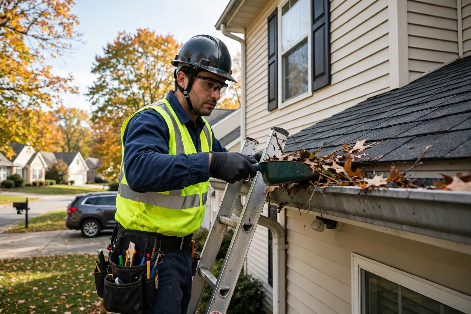 Gutter technician on a ladder cleaning gutters in Waldorf MD